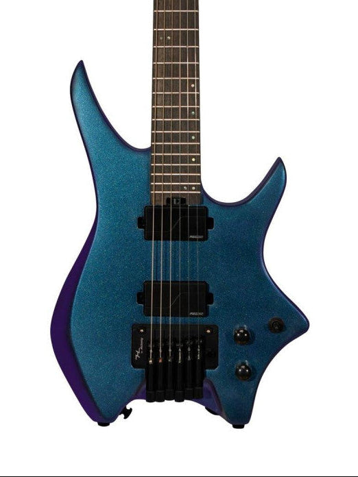 A modern electric guitar with a metallic blue body and purple edge accents, featuring a dark fretboard and black hardware, shown against a plain white background.