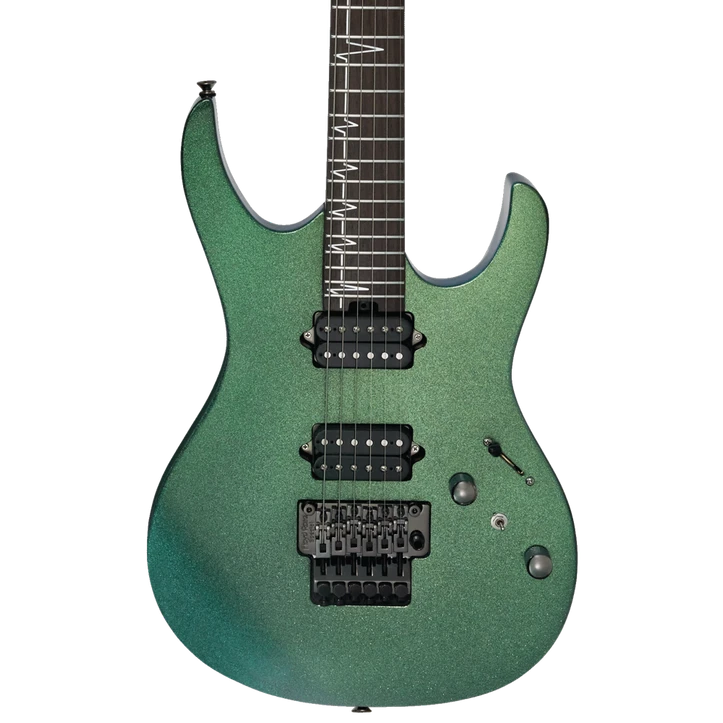 Green electric guitar on a white background