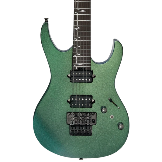 Green electric guitar on a white background