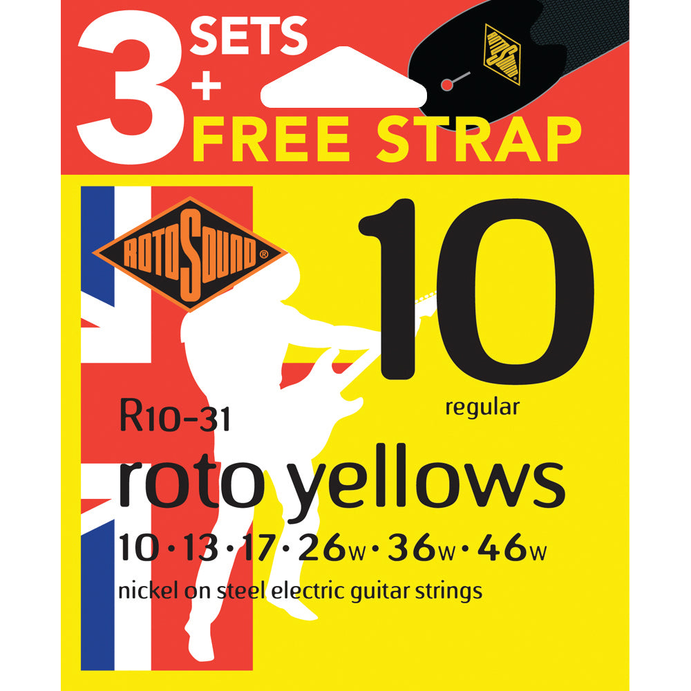Rotosound Yellows R10-31 10-46 Electric Value 3-Pack String Set + Bonus Strap