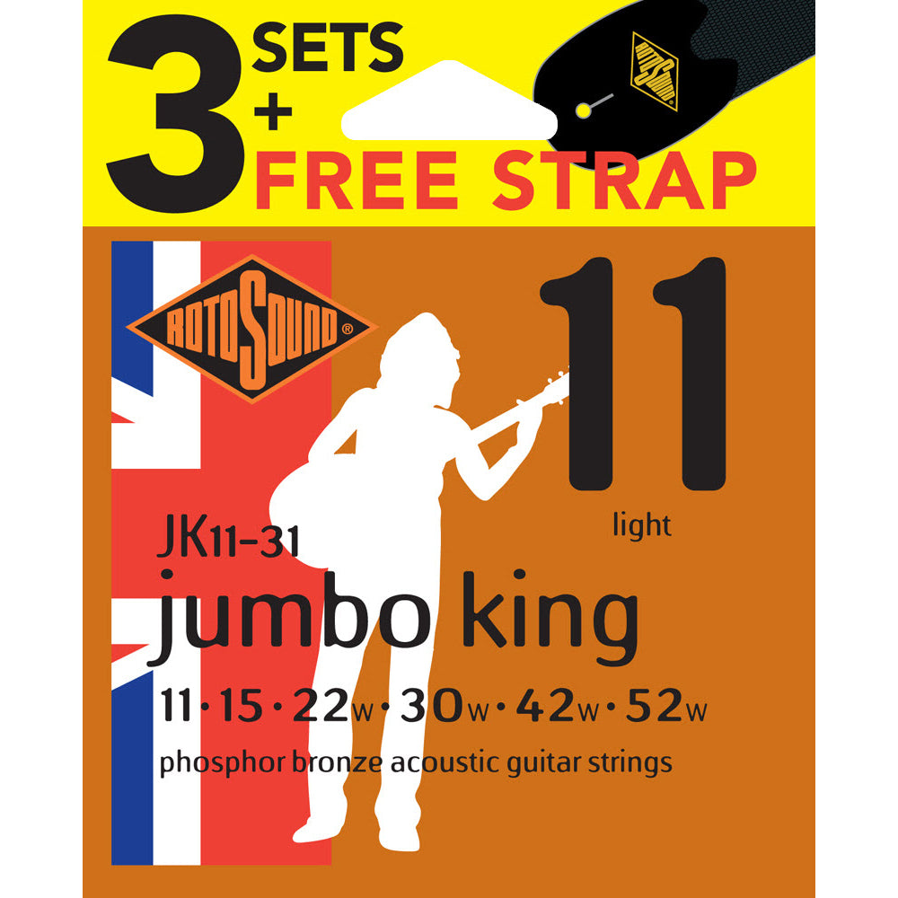 Rotosound Jumbo King JK11-31 11-52 Phosphor Bronze Value 3-Pack + Free Strap
