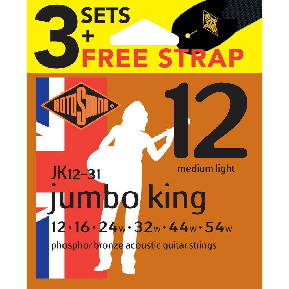 Rotosound Jumbo King JK12-31 12-54 Phosphor Bronze Value 3-Pack + Free Strap