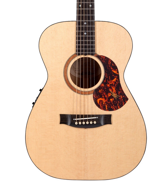 Acoustic guitar with a tortoiseshell pickguard on a white background