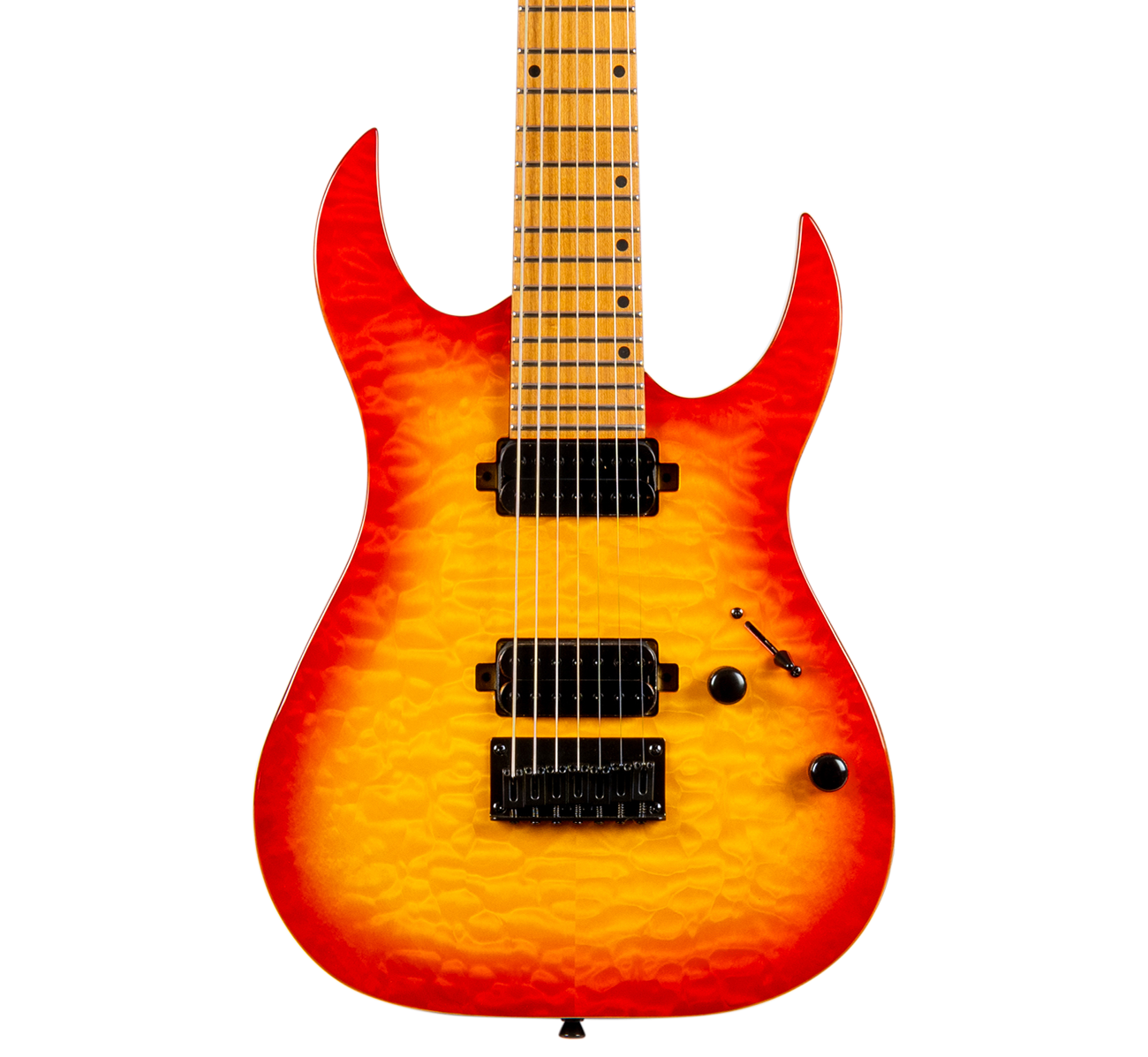An electric guitar with a vibrant orange and yellow flame finish, featuring black hardware and pickups, shown against a solid white background.
