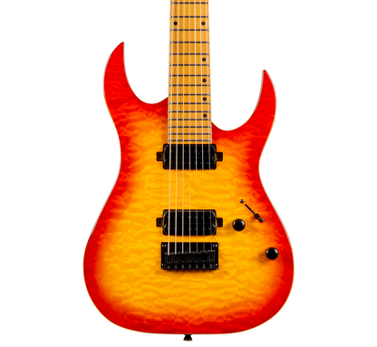 An electric guitar with a vibrant orange and yellow flame finish, featuring black hardware and pickups, shown against a solid white background.
