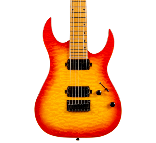An electric guitar with a vibrant orange and yellow flame finish, featuring black hardware and pickups, shown against a solid white background.