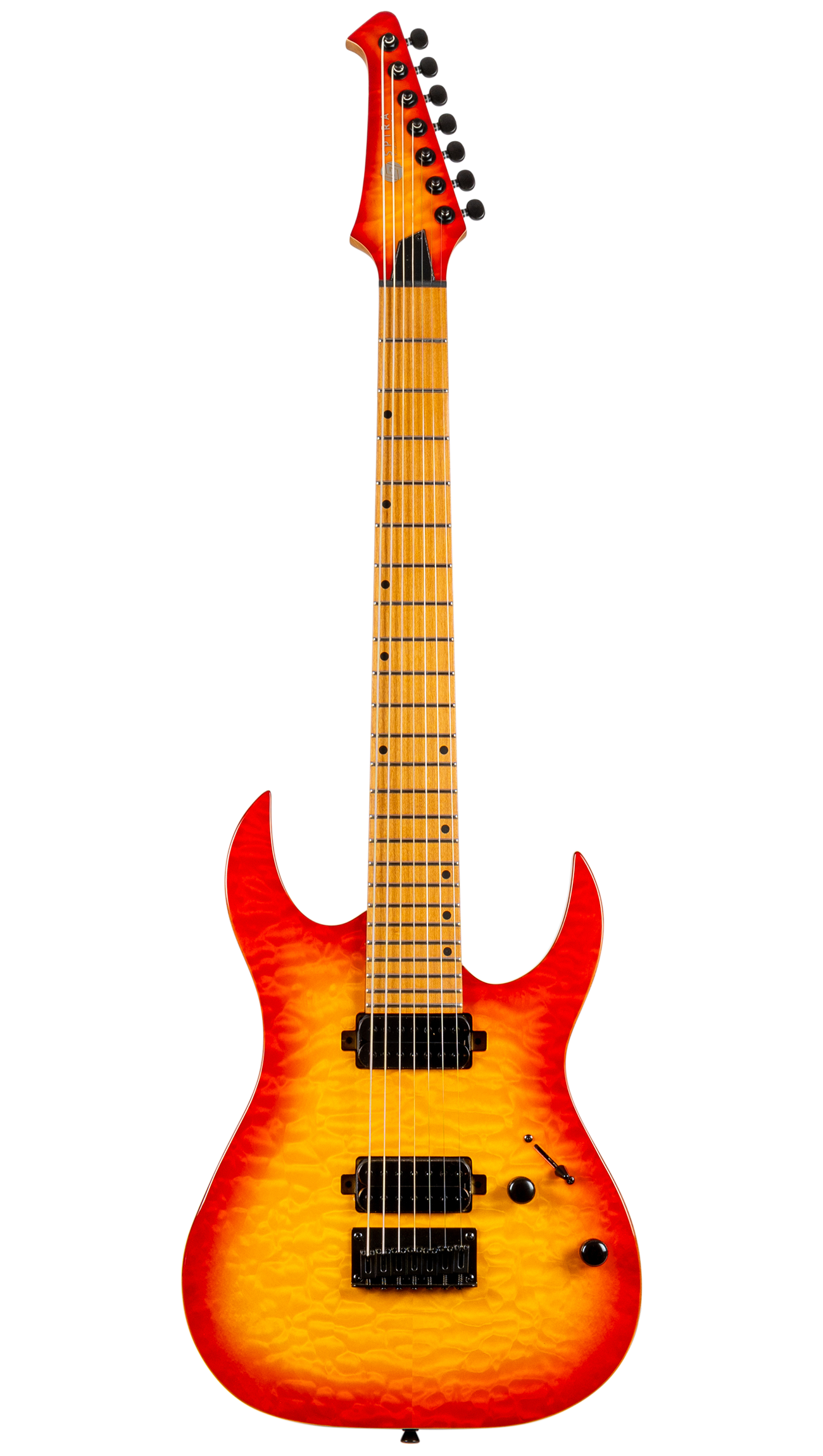 An electric guitar with a vibrant orange and yellow flame finish, featuring black hardware and pickups, shown against a solid white background.