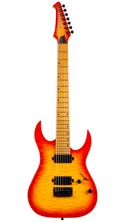 An electric guitar with a vibrant orange and yellow flame finish, featuring black hardware and pickups, shown against a solid white background.