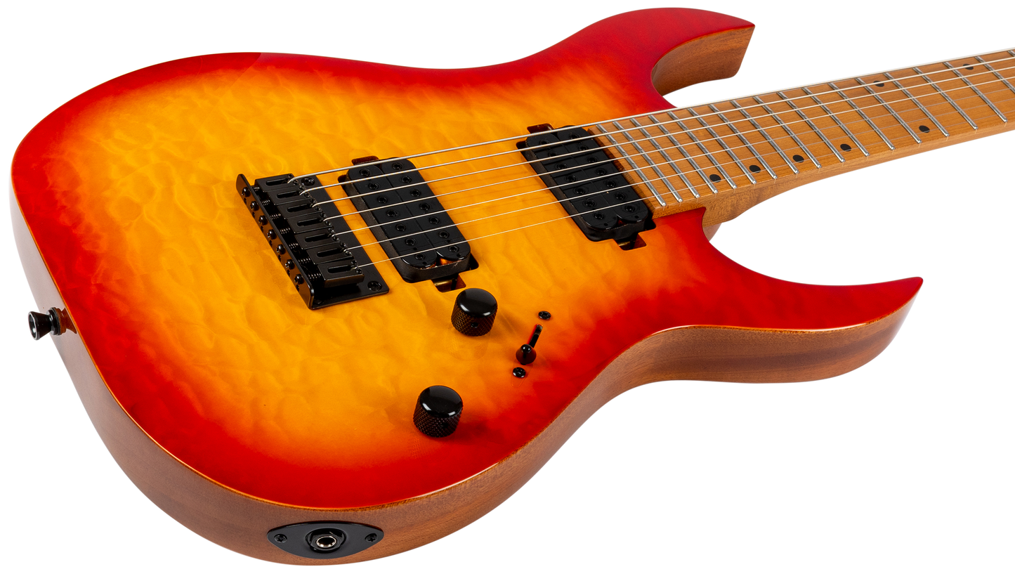 A modern electric guitar with a vibrant sunburst finish, transitioning from bright orange in the center to deep red and black at the edges. It features black hardware, dual humbucker pickups, and a glossy wood body, shown against a solid white background.