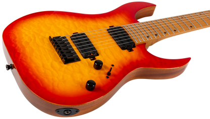 A modern electric guitar with a vibrant sunburst finish, transitioning from bright orange in the center to deep red and black at the edges. It features black hardware, dual humbucker pickups, and a glossy wood body, shown against a solid white background.