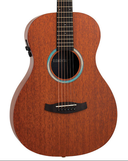 Acoustic guitar with a wooden finish on a white background