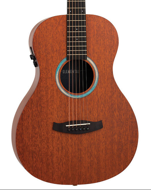 Acoustic guitar with a wooden finish on a white background