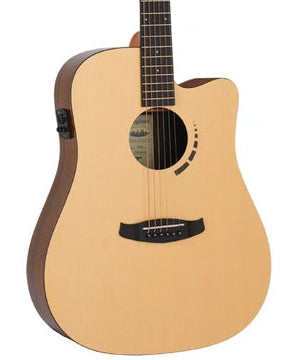 Acoustic guitar with a natural wood finish on a white background