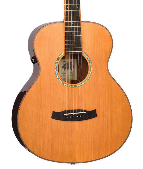 Acoustic guitar with a wooden body and dark brown neck on a white background