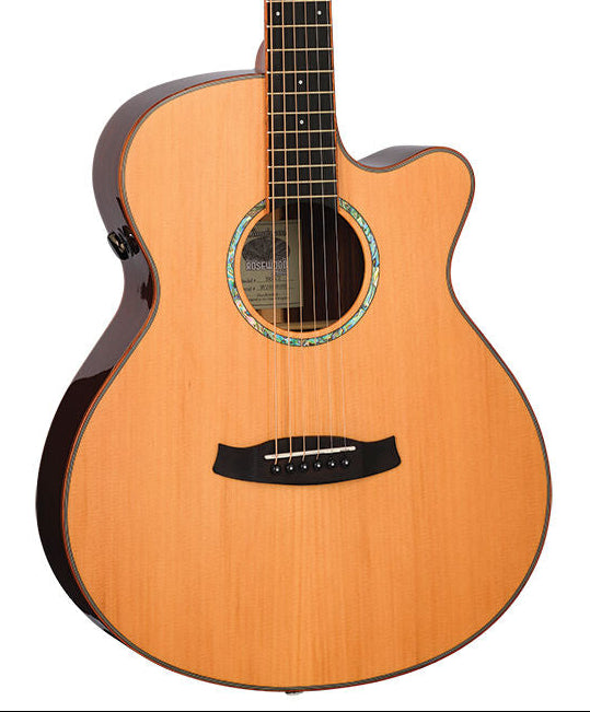 Acoustic guitar with a cutaway design on a white background