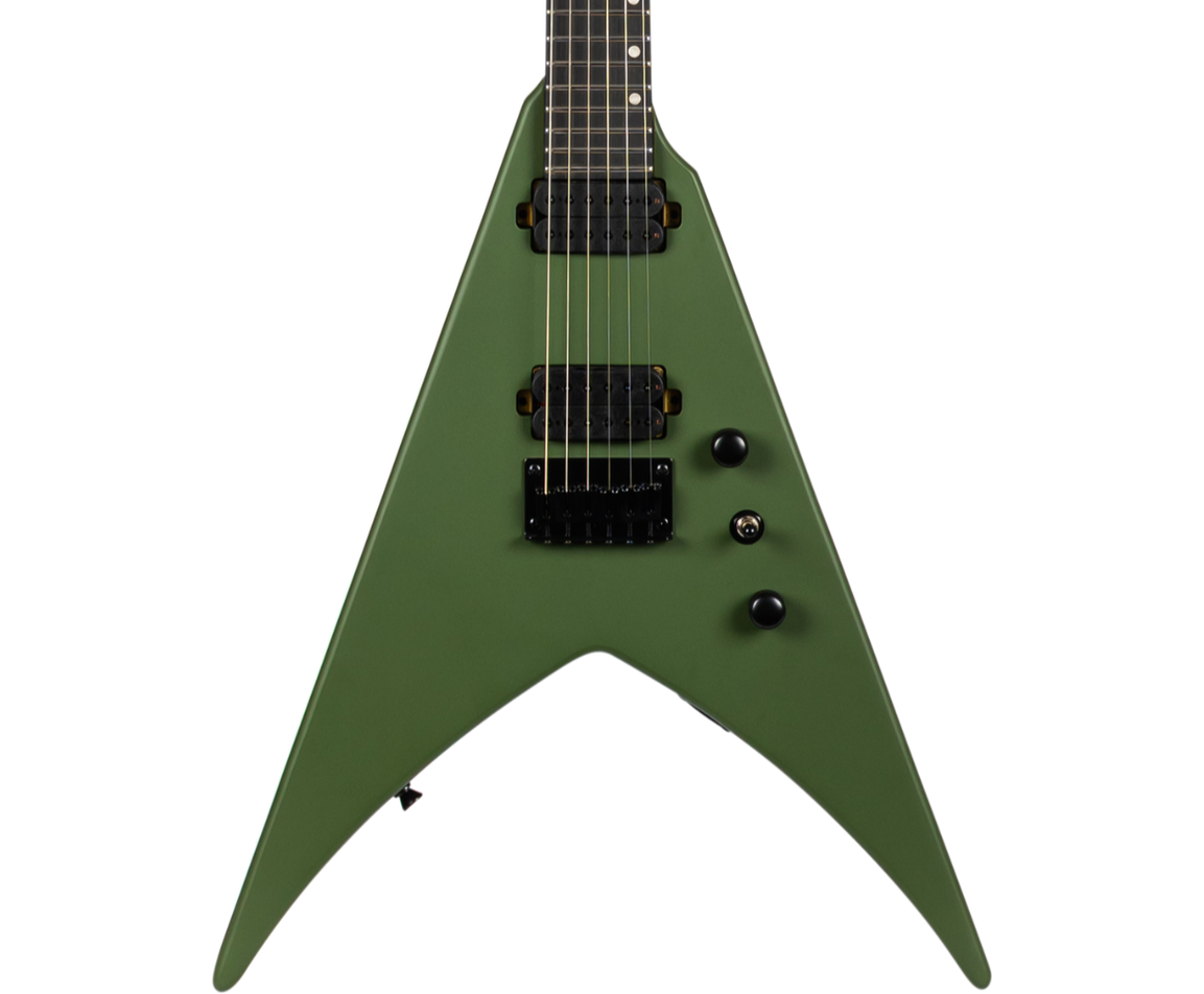 Green electric guitar on a white background