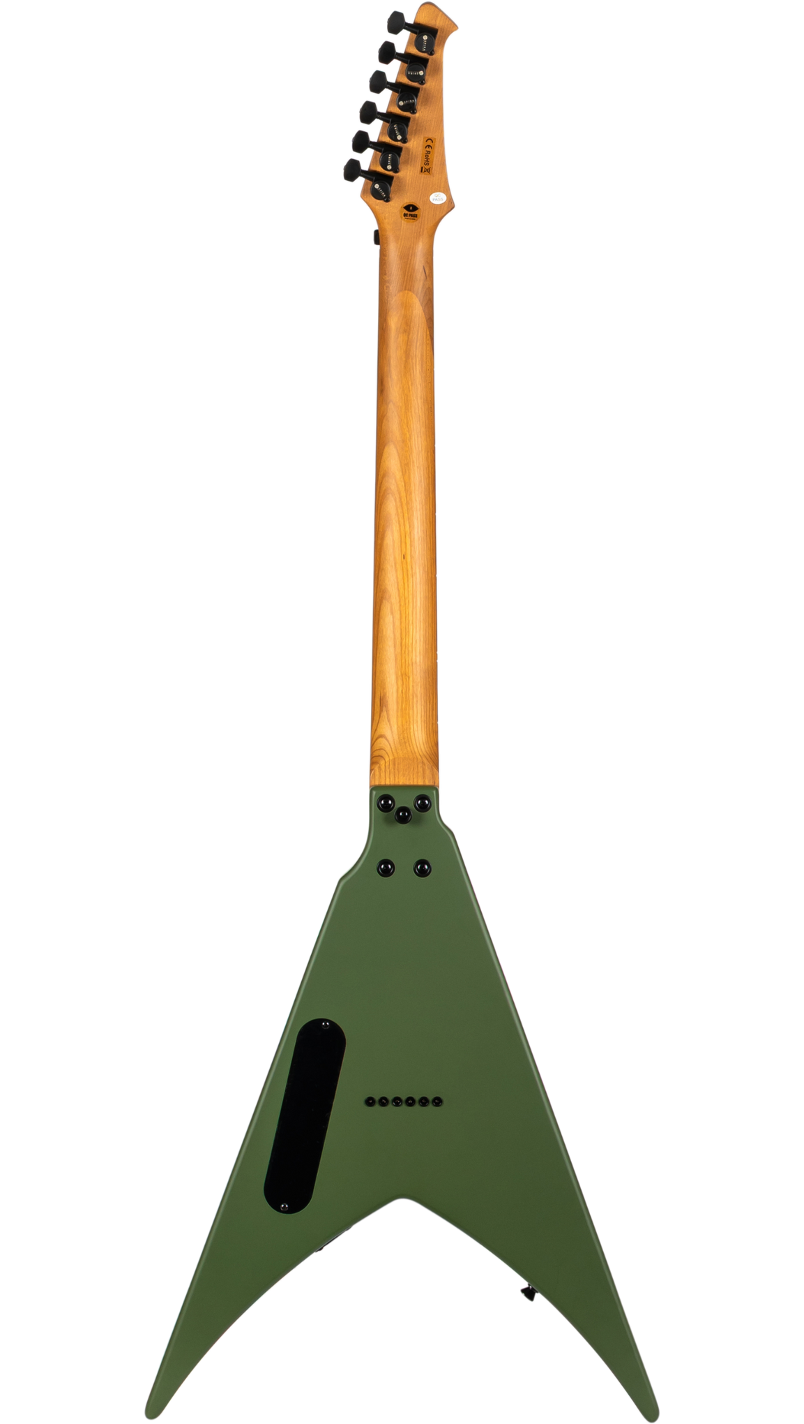 Green electric guitar with a wooden neck on a white background
