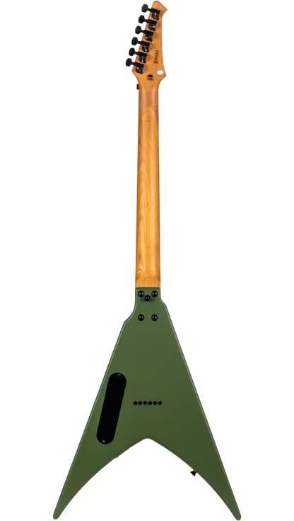 Green electric guitar with a wooden neck on a white background