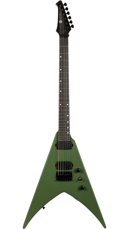 Green electric guitar on a white background