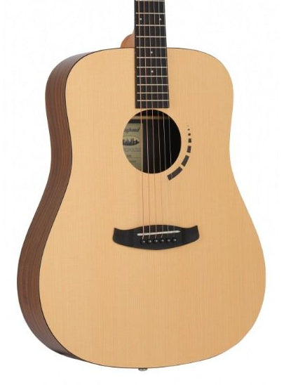 Acoustic guitar with a wooden body and dark brown neck on a white background