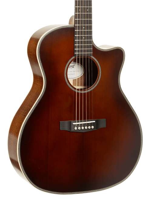 Acoustic guitar with a brown finish on a white background