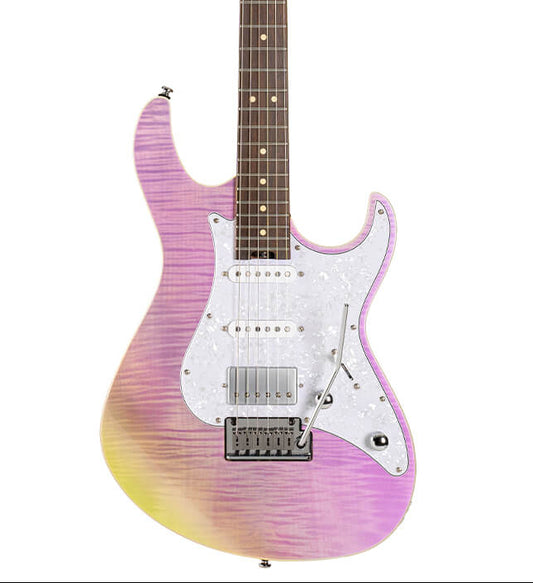 Electric guitar with a gradient purple to white body on a white background
