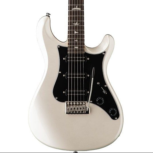 White electric guitar with a black pickguard on a white background