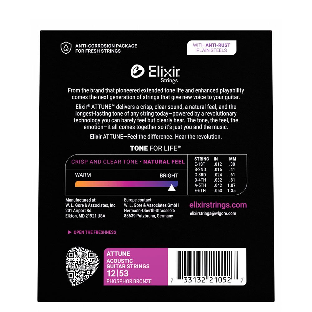 Elixir ATTUNE Phosphor Bronze Acoustic Guitar Strings - Light - 12-53