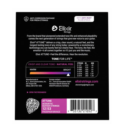 Elixir ATTUNE Phosphor Bronze Acoustic Guitar Strings - Light - 12-53