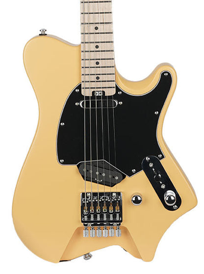 A Fender electric guitar with a natural wood body, black pickguard, and maple neck, shown against a plain white background.
