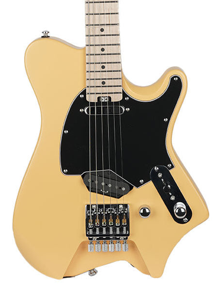 A Fender electric guitar with a natural wood body, black pickguard, and maple neck, shown against a plain white background.