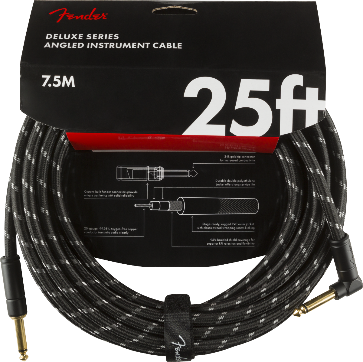 Fender 25ft Deluxe Instrument Cable - Right Angle Black Tweed