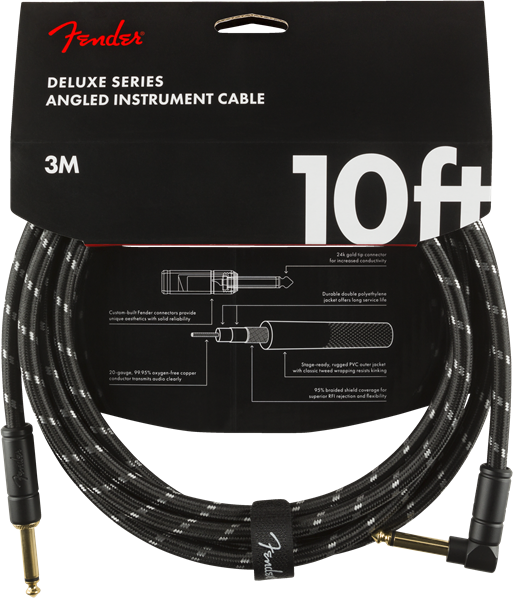 FENDER DELUXE INSTRUMENT CABLE 10FT - STRAIGHT TO RIGHT ANGLE BLACK TWEED