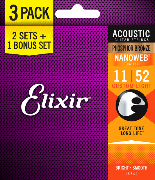 Elixir Acoustic Phosphor Bronze Nanoweb 11-52 Custom Light -3 Pack