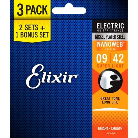 Elixir Electric Nickel Plated Steel Nanoweb 9-42 Super Light -3 Pack