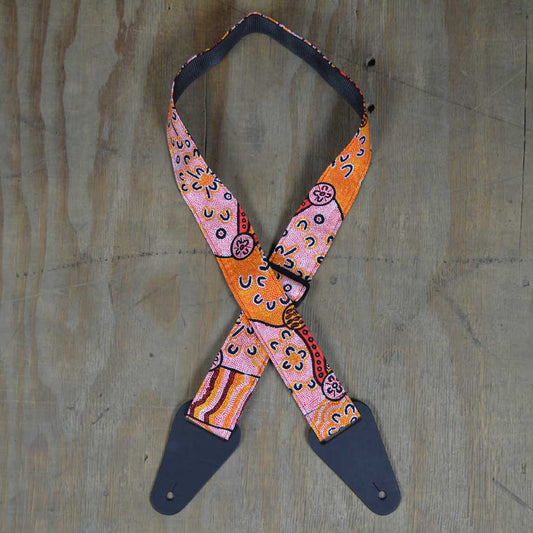 Colonial Leather Aboriginal Art Guitar Strap - Orange Dot