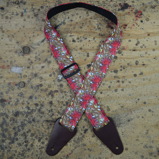 Colonial Leather Aboriginal Art Guitar Strap - Red Gum Flower