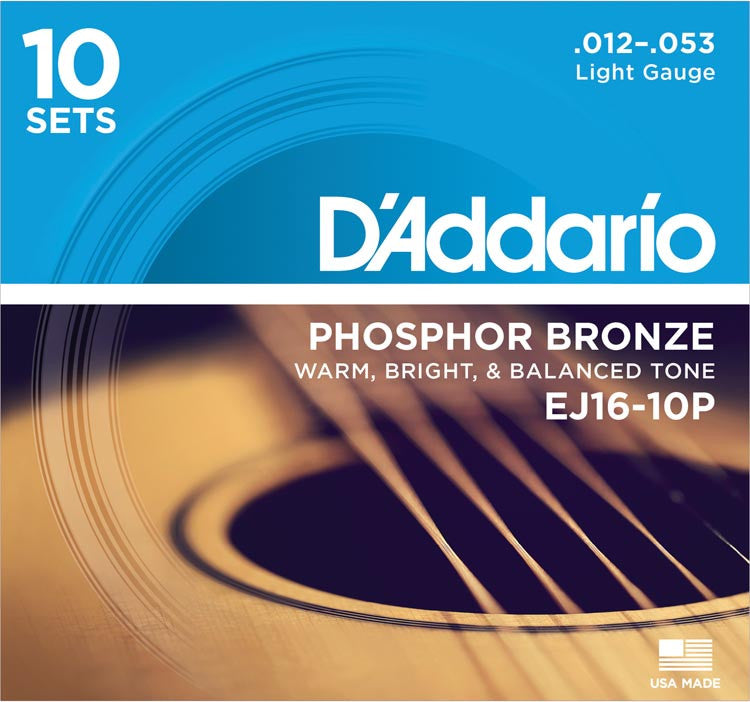 D'Addario EJ16 10 Pack Phosphor Bronze 12-53 Light