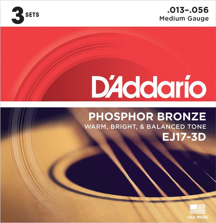 D'Addario EJ17 3 Pack Phosphor Bronze 13-56 Medium