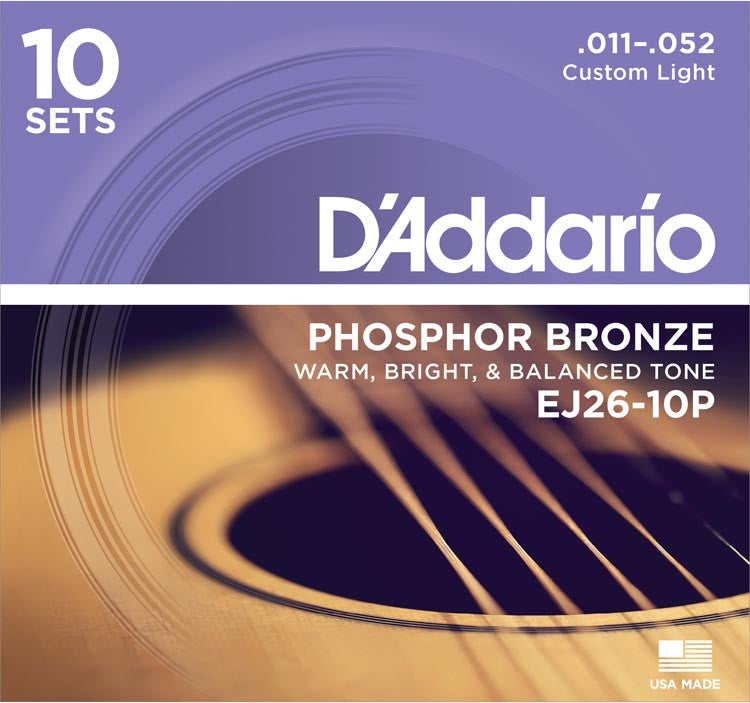 D'Addario EJ26 10 Pack Phosphor Bronze 11-52 Custom Light